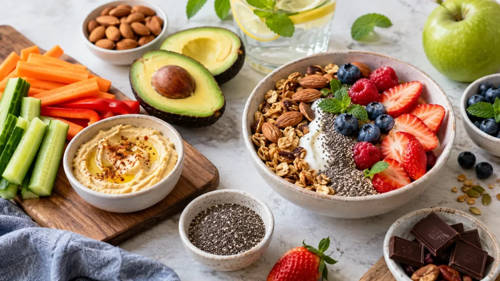 Healthy snacks and balanced foods including fresh berries, Greek yogurt, nuts, avocado, vegetables, and hummus to help manage sugar cravings naturally.